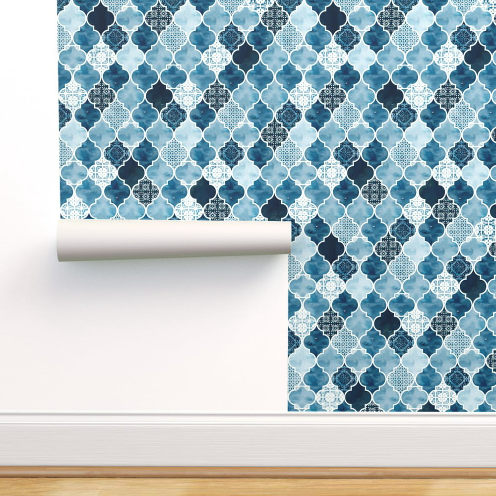 PeelandStick Removable Wallpaper Moroccan Tile Blue White Geometric Ogee