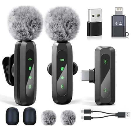 Mini Microphone for iPhone 15/16/Android/ipad,Wireless Lavalier Mic with Noise Cancelling, USB-C Mini Lapel Lav Mic 2 Pack for Vlog YouTube TikTok