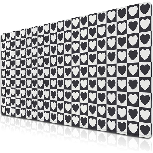XXL Black and White Gaming Mat Full Desk Mousepad (35.4" x 15.7") with Tiny Hearts Chess Grid Pattern, NonSlip Rubber Base, WaterResistant, Perfect for Office and Gaming