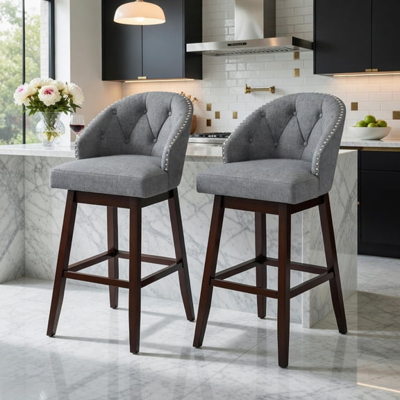 Resenkos Set of 2 Swivel Bar Stools with Rubber Wood Legs and Padded Back-Gray, Bar Height Stools, Bar Stools for Kitchen Island for Kitchen, Dining Room