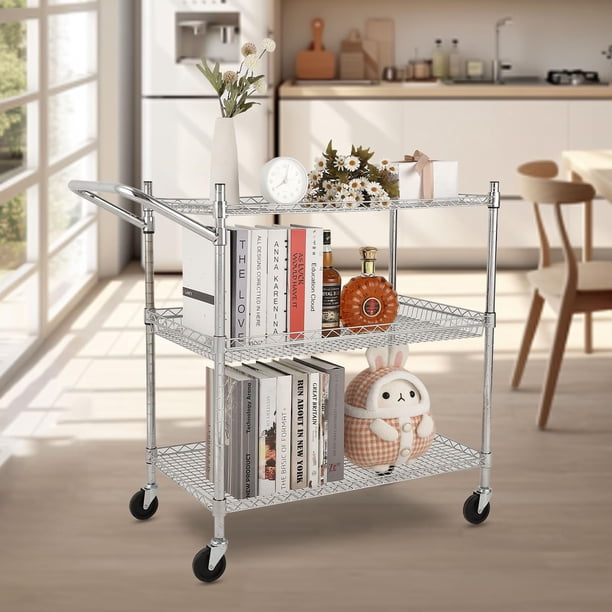 Yeshouse Carrito utilitario de metal con ruedas de 3 niveles, carrito de almacenamiento de alambre de acero cromado con asa, organizador móvil resistente para cocina, oficina o taller