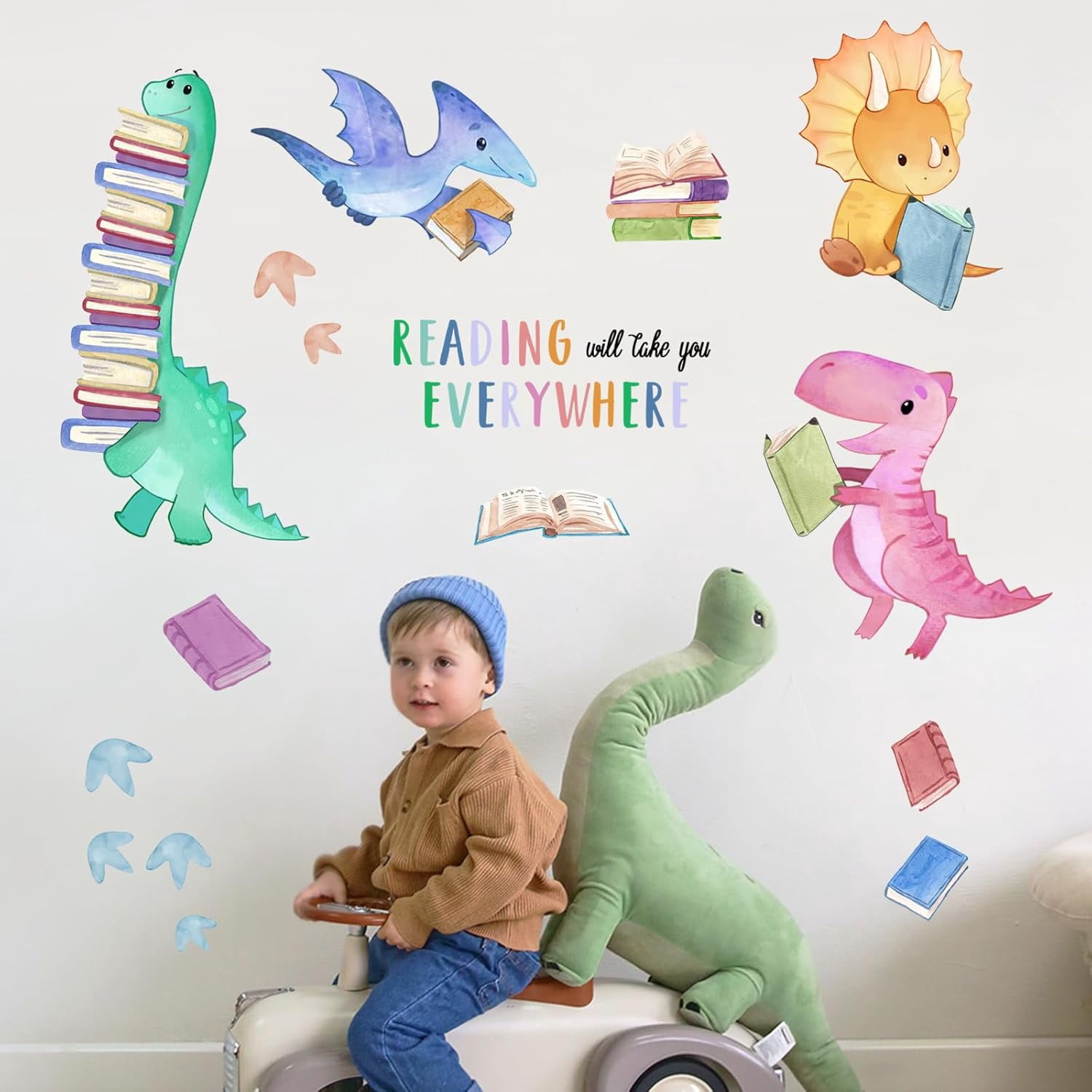 Dinosaur Book Reading Corner Inspirational Wall Decals Stickers, Reading Will Take You Everywhere Toddler Nursery Classroom Decor, Positive Quote Home Decorations Kids Bedroom Study Room Art