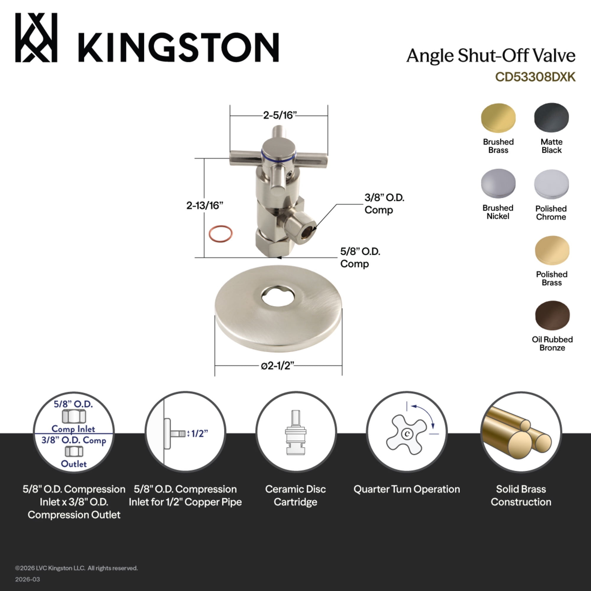 Kingston Brass CD53305DXK 5/8-Inch O.D. Comp x 3/8-Inch O.D. Comp Anti-Seize Deluxe Quarter-Turn Ceramic Hardisc Cartridge Angle Stop with Flange in Oil Rubbed Bronze