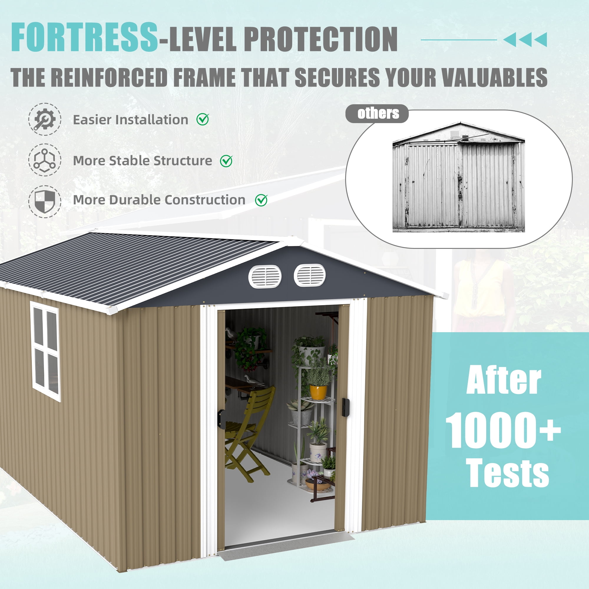 Leumius 8x12 FT Outdoor Metal Storage Shed, Large Storage Sheds with Sturdy Frame Structure, Metal Garden Tool Shed with Lockable Door for Garden Lawn Backyard Brown
