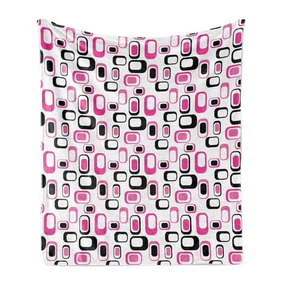 Geometric Soft Flannel Fleece Throw Blanket, Sixties Ornamental Old Fashioned Shapes in Vintage Design Elements Image, Cozy Plush for Indoor and Outdoor Use, 60" x 80", Pink White Black, by Ambesonne