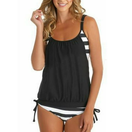 Womens Plus Size Tankini Set Strappy Stripe Bikini Push Up Swimsuit Swimwear (Best Push Up Bikini)