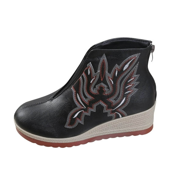QQAMB Women Ethnic Ankle Boots Wedge Heel Embroidery Front Elastic Back Zipper Leather Design
