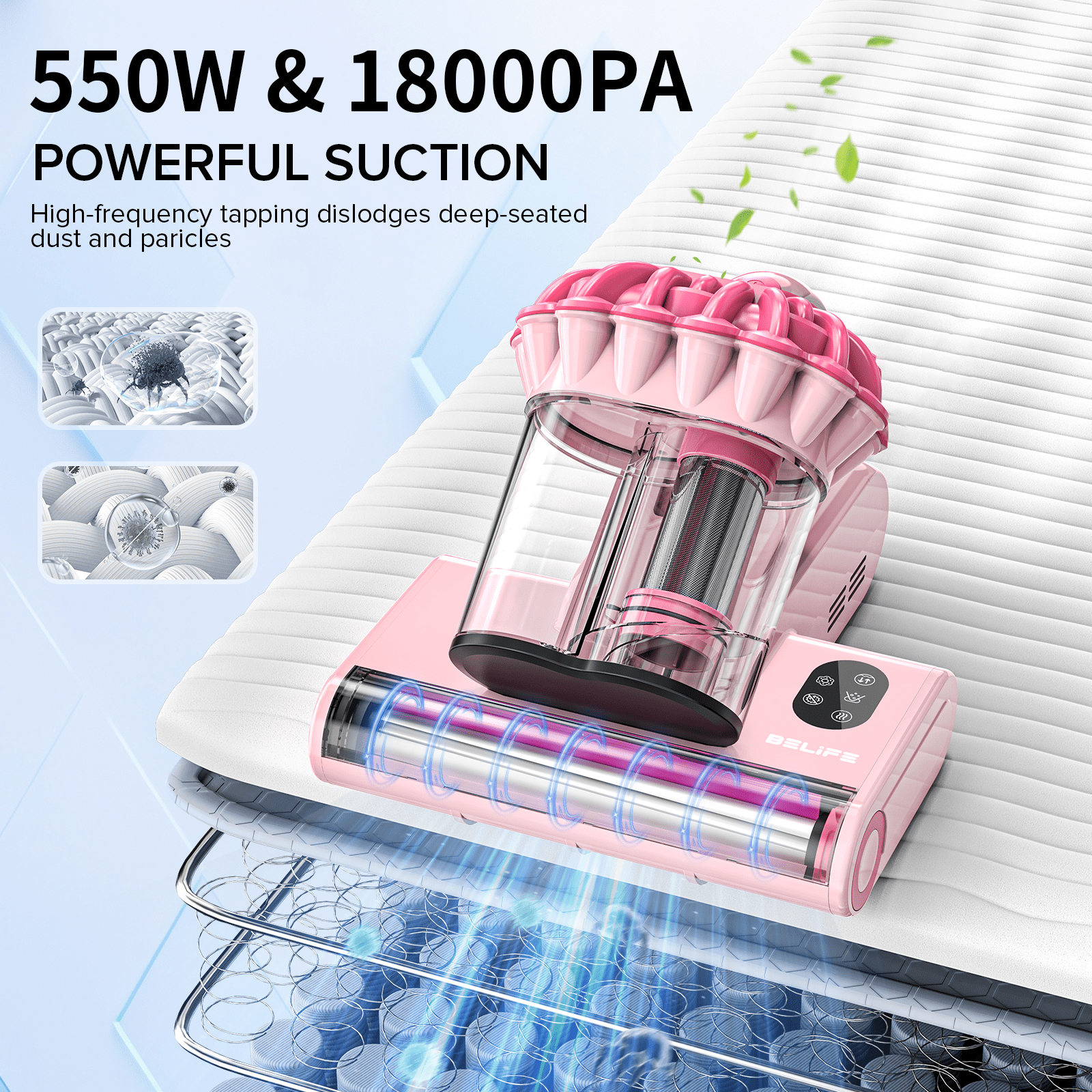 Belife M8 Mattress Vacuum Cleaner, Anti-allergen Bed Vacuum Cleaner with UV & Hot Air & High Heating, 550W 18Kpa Powerful Suction Double-Cup Handheld Vacuum for Bed, Couch, Sofa, Corded