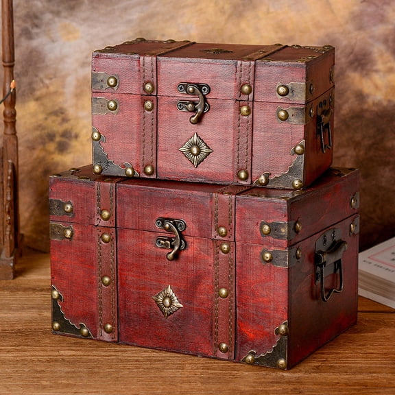 MLINS Antique Wooden Treasure Chest with Retro Buckles for Storage Dark Red Small Size