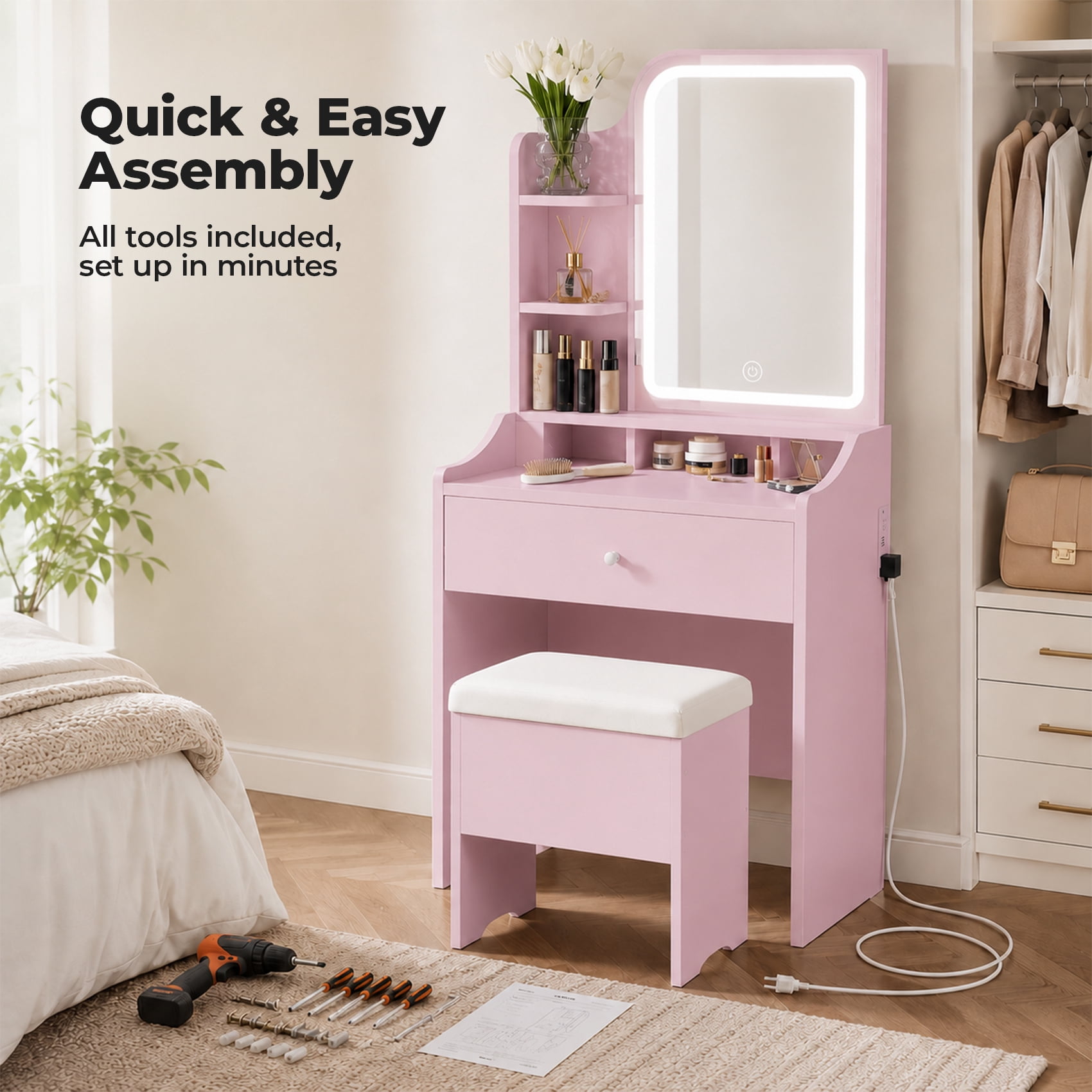 Alvantor Vanity Desk Set With Mirror, Lights, Storage Drawer, And Stool
