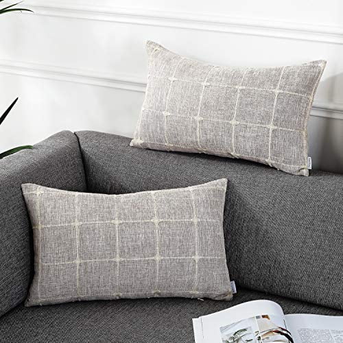 MIULEE Pack of 4 Christmas Decorative Farmhouse Throw Pillow Covers Buffalo Check Stripe Pillowcases Linen Cushion Case for Couch Sofa Bedroom 12 x 20 Inch Beige