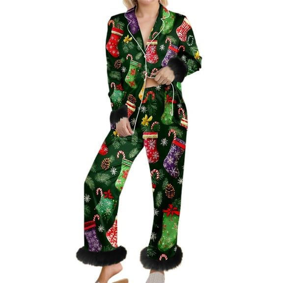 Christmas Pajamas Women Trim Long Sleeve Christmas Theme Printed Shirts Pants Cozy Sleepwear Set Women Pjs Sets Green L