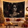 thumbnail image 3 of Gothic Sugar Skull Woman Portrait with Burgundy Flowers and Black Lace, Moody Gothic for Skull Art Lovers, Dark Portrait Art, Halloween Gift Tapestry Wall Hanging for Bedroom and Living Room, 3 of 7