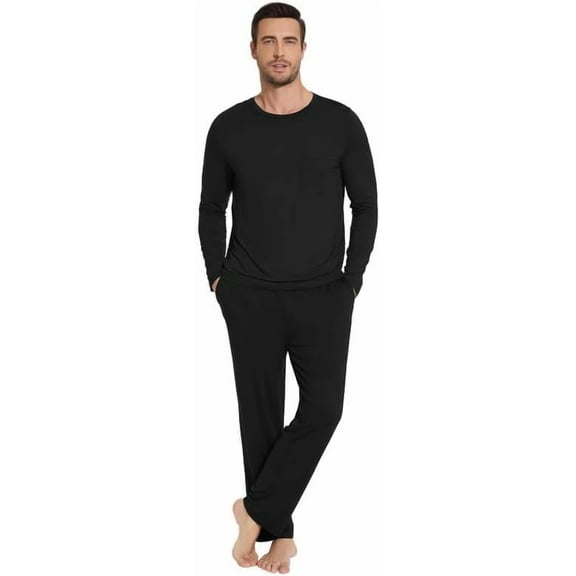 WiWi Men's Pajamas Set Lightweight Sleepwear Long Sleeve Sleep Shirt and Long Pants Viscose from Bamboo Lounge Sets S-XXL, Black, Medium
