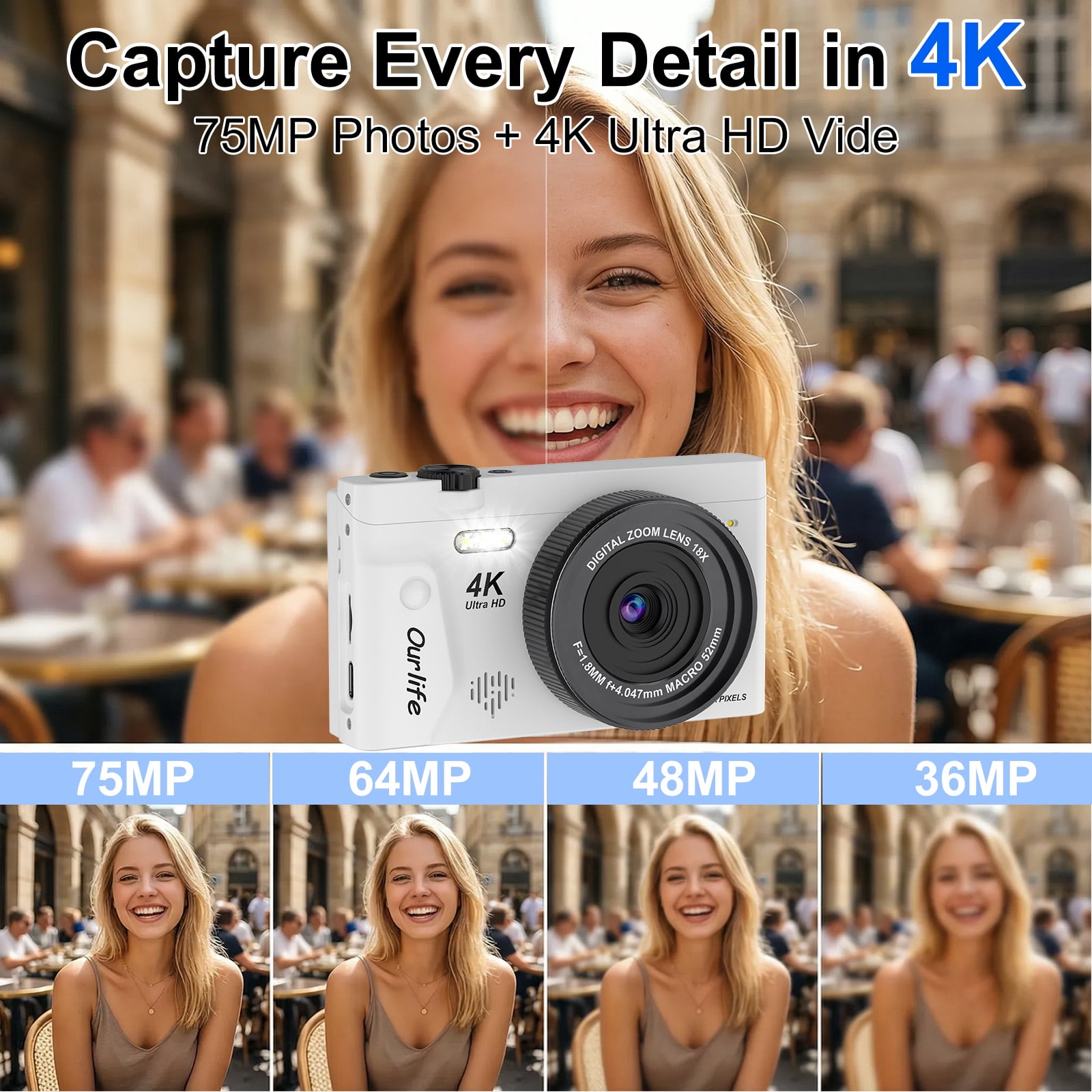 Ourlife 4K 75MP Digital Camera for Photography, Autofocus Vlogging Camera with 18X Zoom, 3" Flip Screen,white