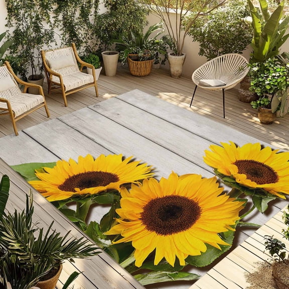 Spring Sunflowers Outdoor Rug for Patio/Deck/Porch, Non-Slip Large Area Rug 4 x 6 Ft, Yellow Floral Turquoise Farmhouse Grey Wooden Indoor Outdoor Rugs Washable Area Rugs, Camping Rug Carpet Runner