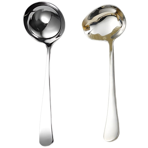 2 Pcs Stainless Steel Sauce Ladle Set, Including Gravy Ladle & Round Soup Ladle, 304 Stainless Steel with Ergonomic Handle for Kitchen, Restaurant, Buffet