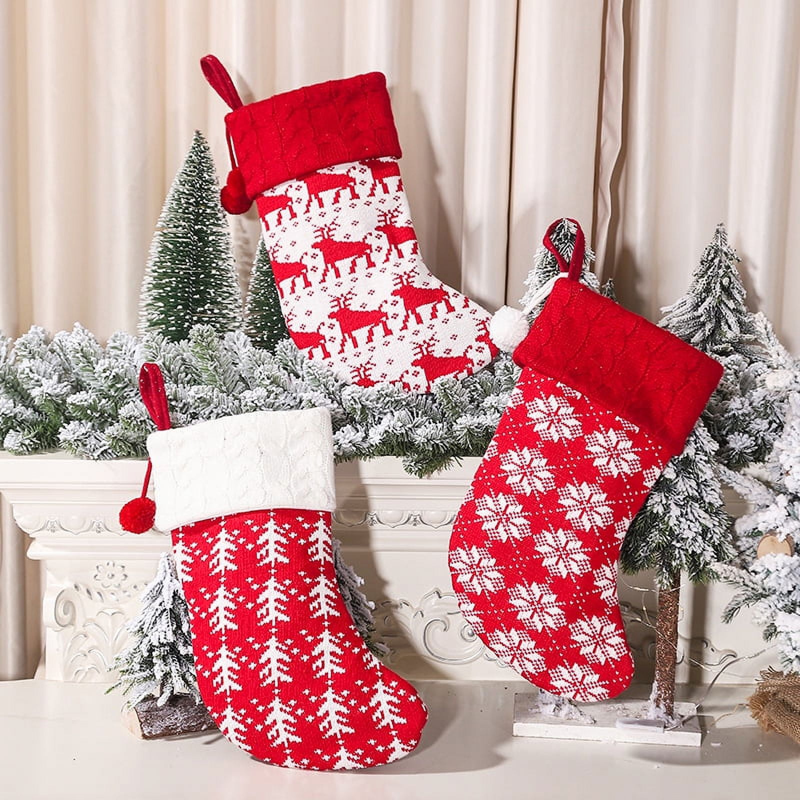 Zhuge 3Pcs Christmas Stockings Personalized Cable Knitted Stocking 15.35 Inches Small Set Classic Art Decor Stuffers Gifts for Family Holiday Party Fireplace Hanging Xmas Decor，C
