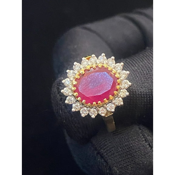 7.42 Carats Round Brilliant Cut Diamonds Centered Ruby Cocktail Ring In Hallmark 18K Yellow Gold