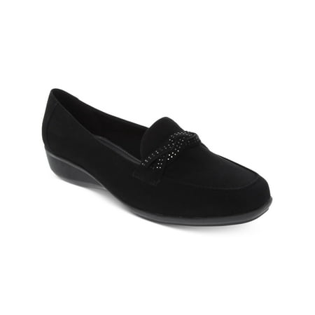 

KAREN SCOTT Womens Black Rhinestone Braided Cushioned Joonne Square Toe Wedge Slip On Heeled Loafers 9 M