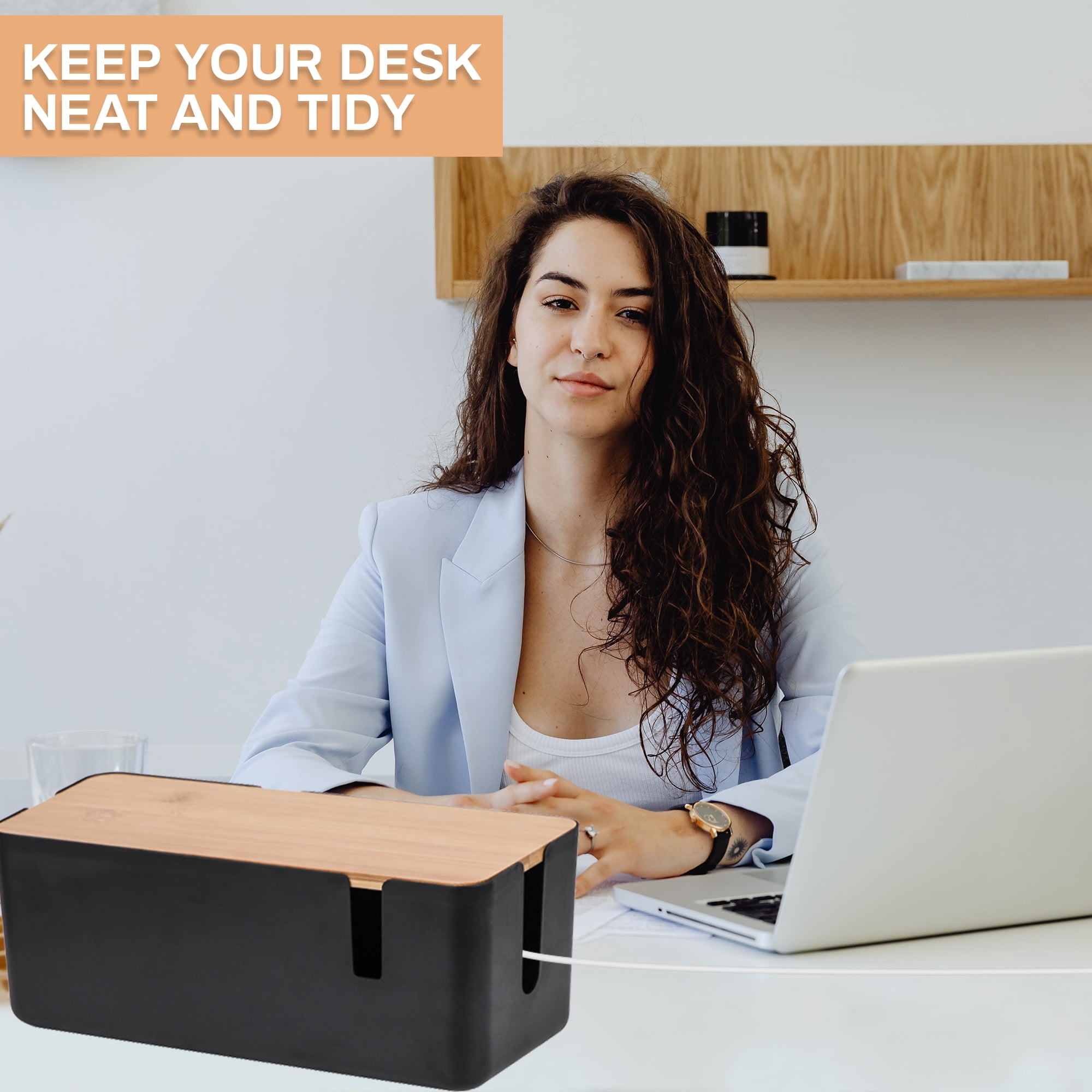 Cable Management Box - 12x 5x 4.5 inches, Cable Cover & Wood Lid, Cord Organizer for Desk TV Computer USB Hub System to Cover and Hide & Power Strips & Cords (Black)