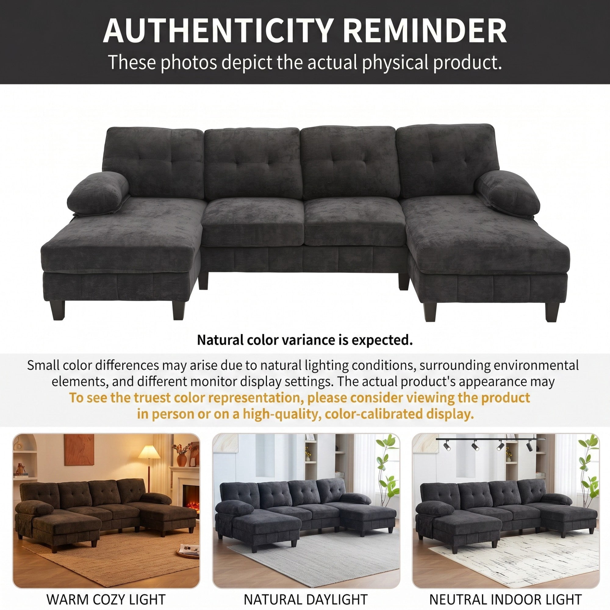 Sailvan 103.5" U-Shaped Sectional Sofa, Chenille Fabric Couch with Dual Chaises and Storage Pockets Black