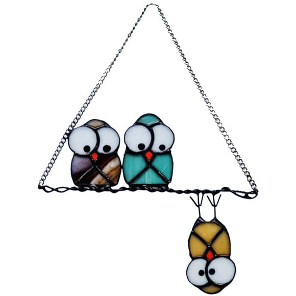 Multicolor Owls on a Wire High Stained Glass Suncatcher Panel, Bird Suncatcher for Windows Doors Room Home Decoration Hummingbird Ornamentand Gifts for Bird Lovers