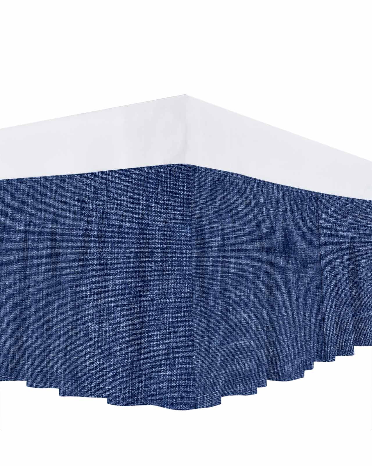 Navy Blue Linen Bed Skirt Queen Size 16 Inch Drop, Farmhouse Pure Color Country Vintage Adjustable Elastic Dust Ruffles Bedskirt for Queen Bed Wrap Around Pleated Mattress Frame Cover
