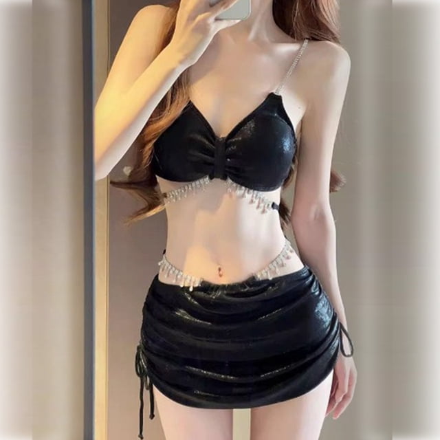 Bañadores de retazos de cuero con lentejuelas para mujer, traje de baño de talla grande, cintura alta, Push-Up, falda, ropa de playa, 2024