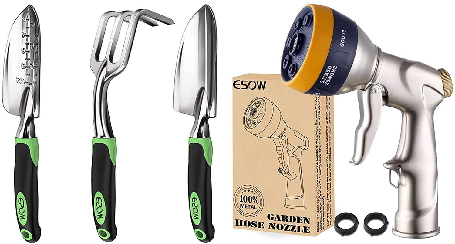2 Items ESOW 100% Metal Garden Hose Nozzle and ESOW 3 Piece Garden Tool Set
