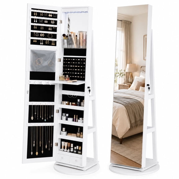 Gianna 6 LED Jewelry Armoire with Full-Length Frameless Mirror, 360° Swivel Lockable Standing Organizer, 3 Storage Shelves, White