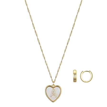 Believe by Brilliance Women's 14Kt Gold Flash Plated Mother of Pearl Heart Initial "A" Pendant Necklace and Hopp Earring Set, 18+2" Extender