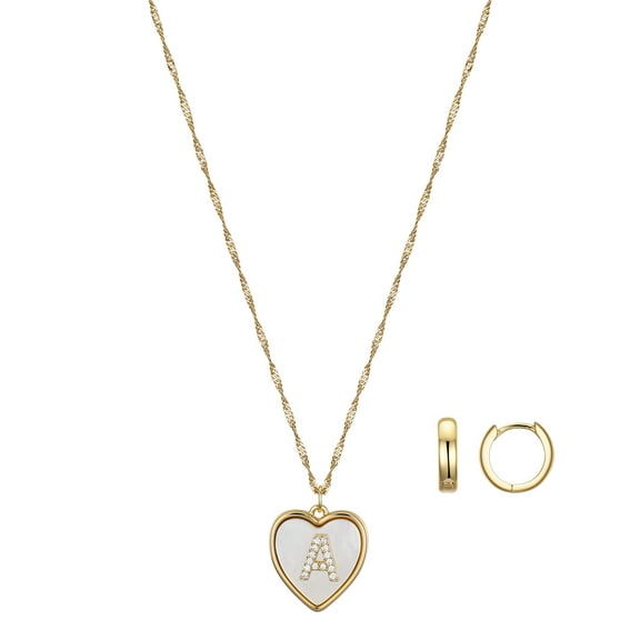 Believe by Brilliance Women's 14Kt Gold Flash Plated Mother of Pearl Heart Initial "A" Pendant Necklace and Hopp Earring Set, 18 2" Extender