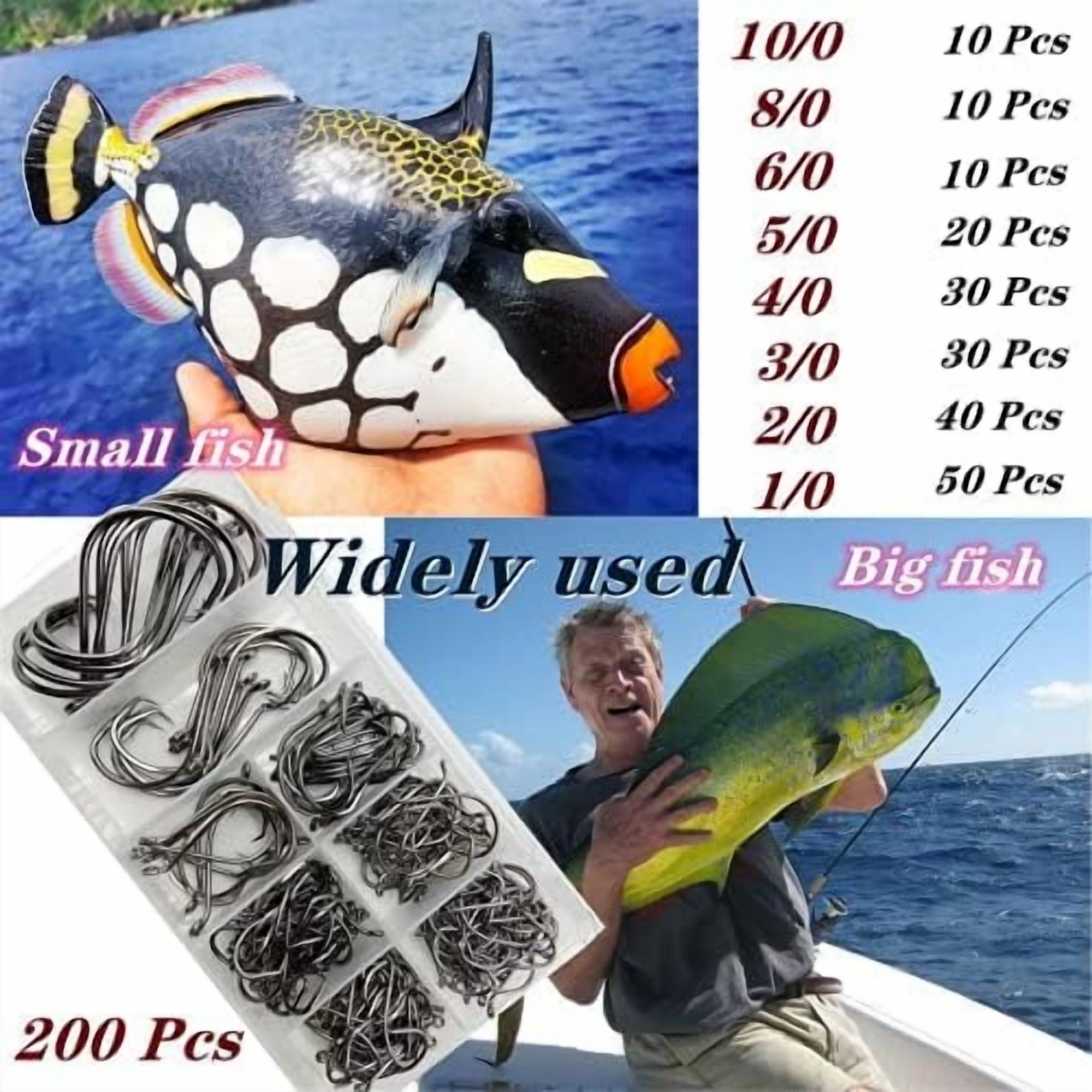 200Pcs/Box（Size:10/0... to...1/0 Strong Octopus Fishing Hooks, Forged Steel/Barded Design, Off-Set Point/Closed Eye, Strong/Sturdy, 10/0 8/0 6/0 5/0 4/0 3/0 2/0 1/0 Mixed Packaging
