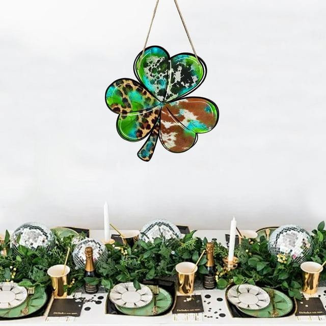 Cartel de la puerta del trébol del Día de San Patricio | Placa de madera Multicolor Grande 11,8x11,6 pulgadas o Pequeña 7,8x7,7 pulgadas | Decoración colgante Lucky duradera para la puerta