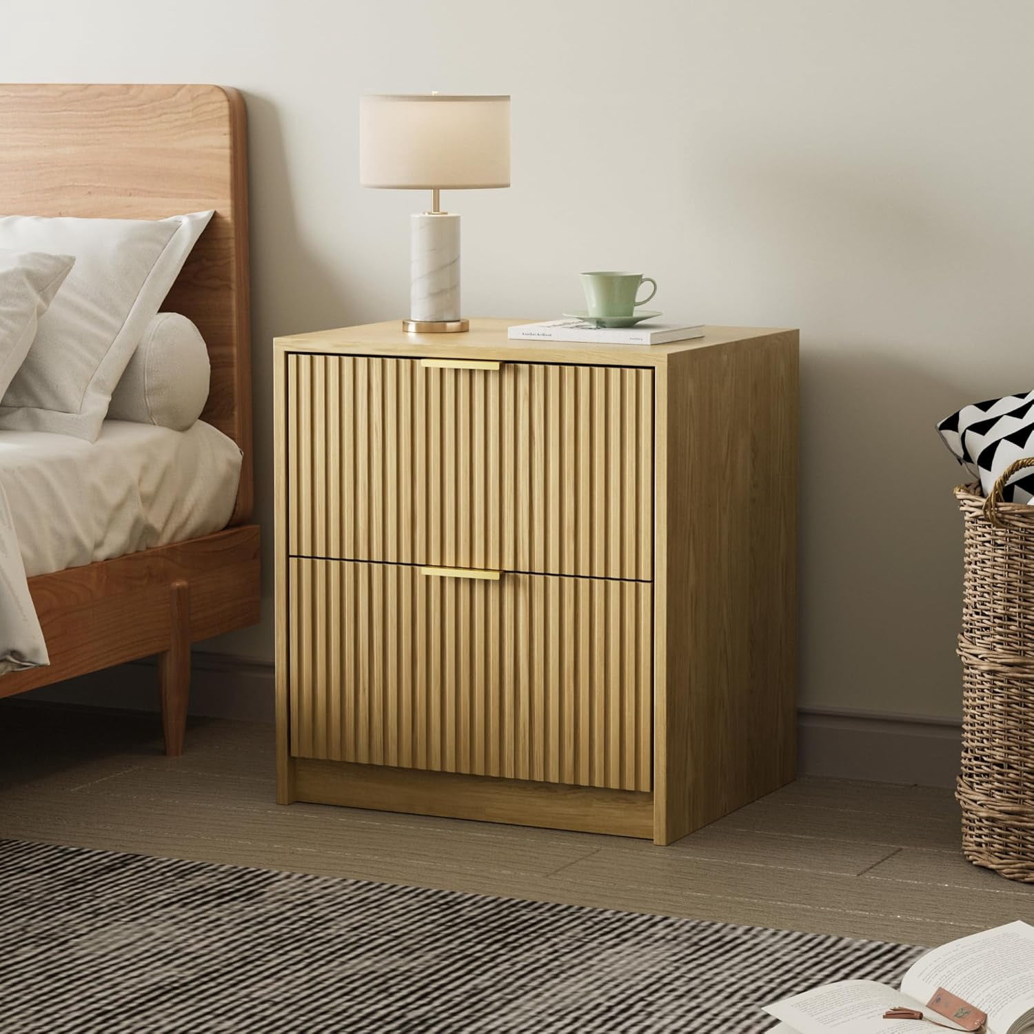 FURNIWAY Set of 2 Fluted Nightstand with 2 Drawers, Modern Storage Bedside Table with Golden Metal Handles, Wooden End Table for Bedroom, Living Room,Nature Oak