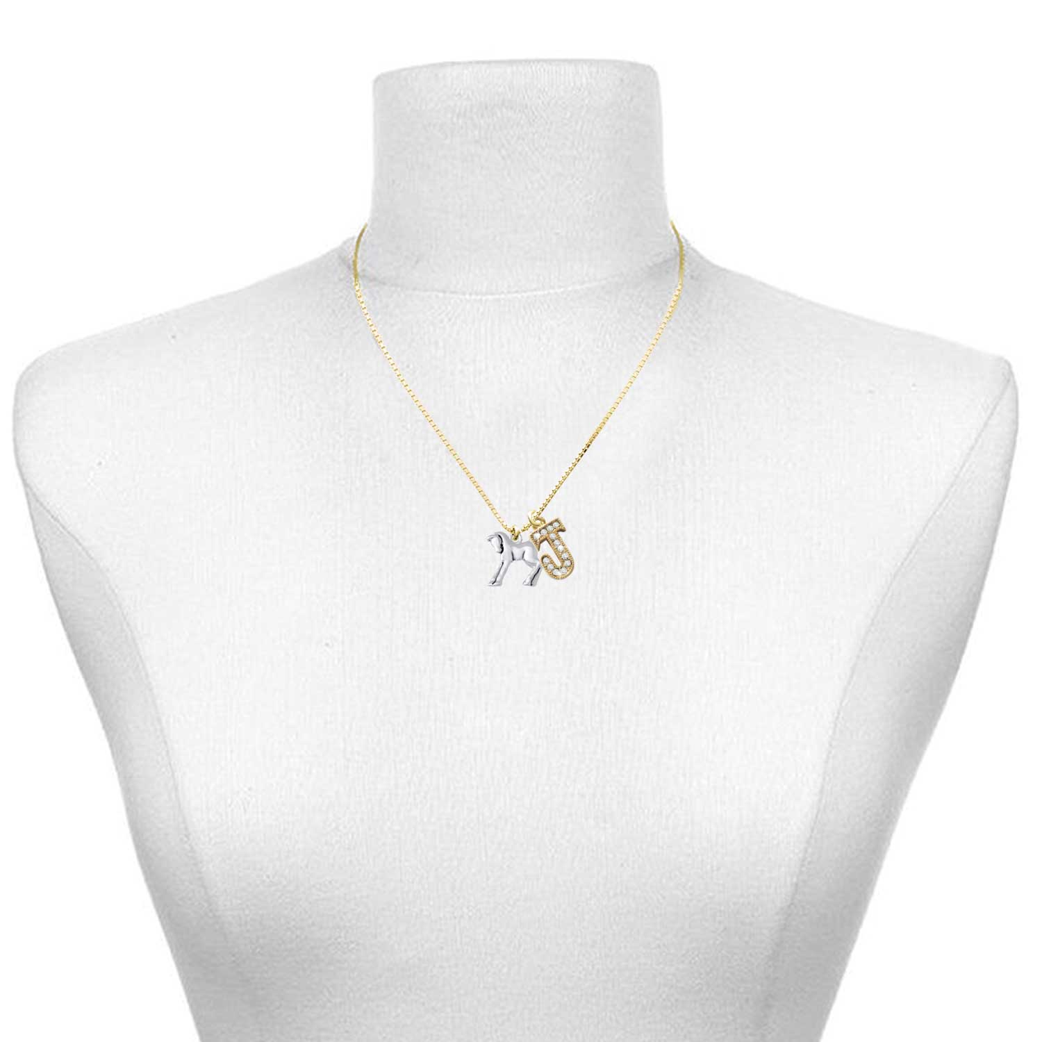 Delight Jewelry Silver-tone Equestrian Horse - Large Goldtone Crystal Initial - J - Charm Necklace, 17.5"+2"