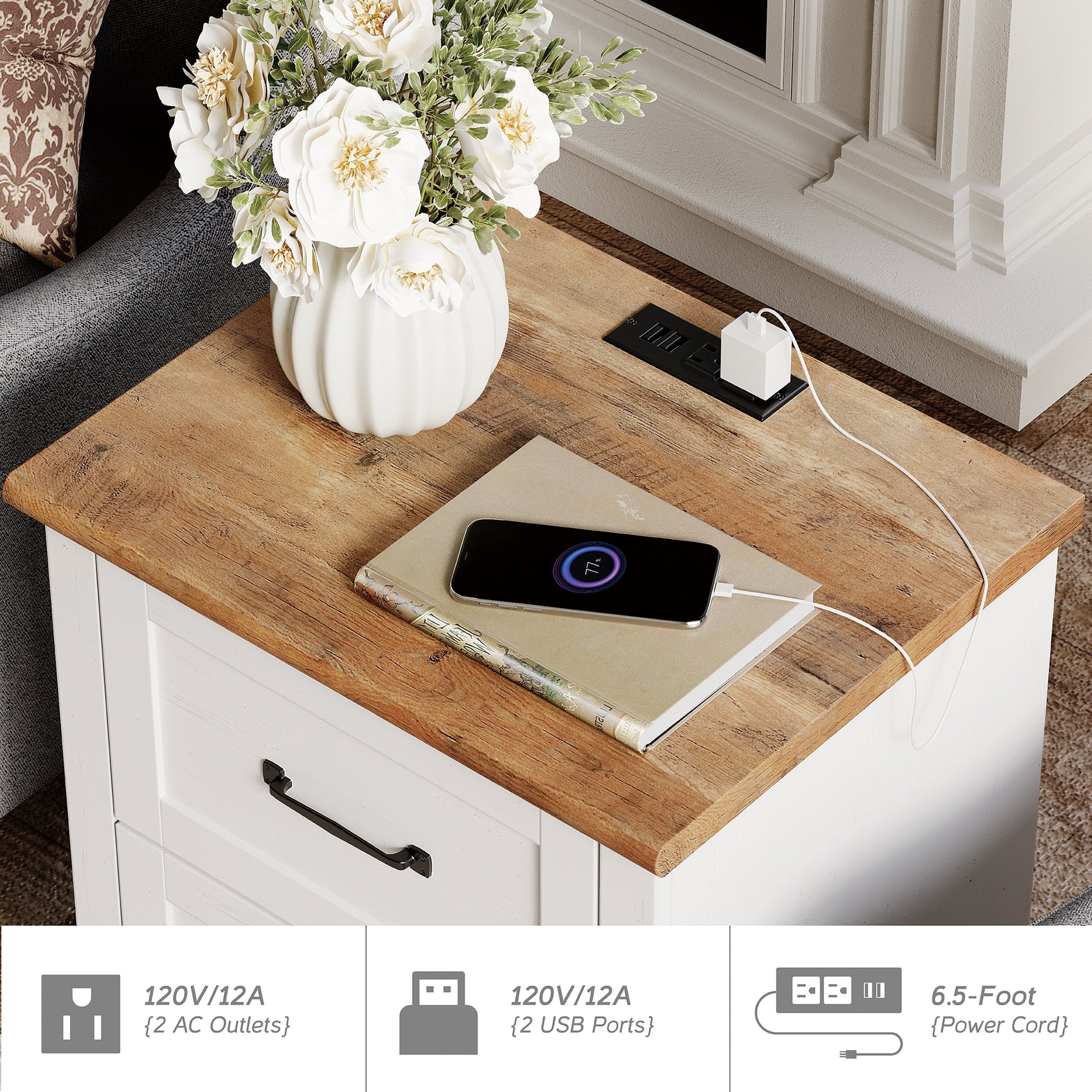 White Side Table with Charging Station for Living Room, Mid Century Nightstand for Bedroom Kids room