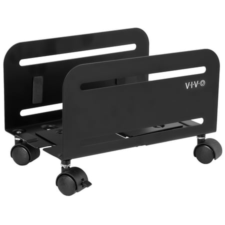 VIVO Black Computer Desktop ATX Case CPU Steel Rolling Stand Adjustable Mobile Cart Holder Locking Wheels