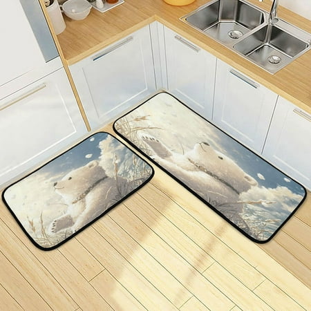 

Wobogo White Bear Enjoying The Sunshine Kitchen Carpet Set of 2 Absorbent and Stain Resistant Non-slip Star Rubber Backing