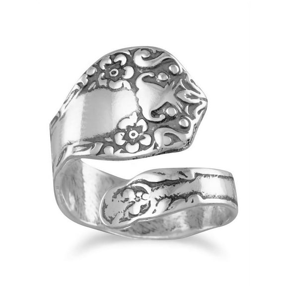 Spoon Ring Oxidized Sterling Silver Floral Design