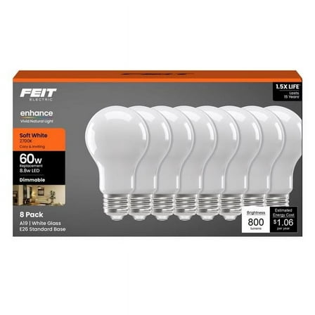 Feit Electric 3018779 60W A19 E26 Medium Equivalence LED Bulb, Soft White - Pack of 8