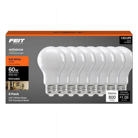 Feit Electric 3018779 60W A19 E26 Medium Equivalence LED Bulb, Soft White - Pack of 8