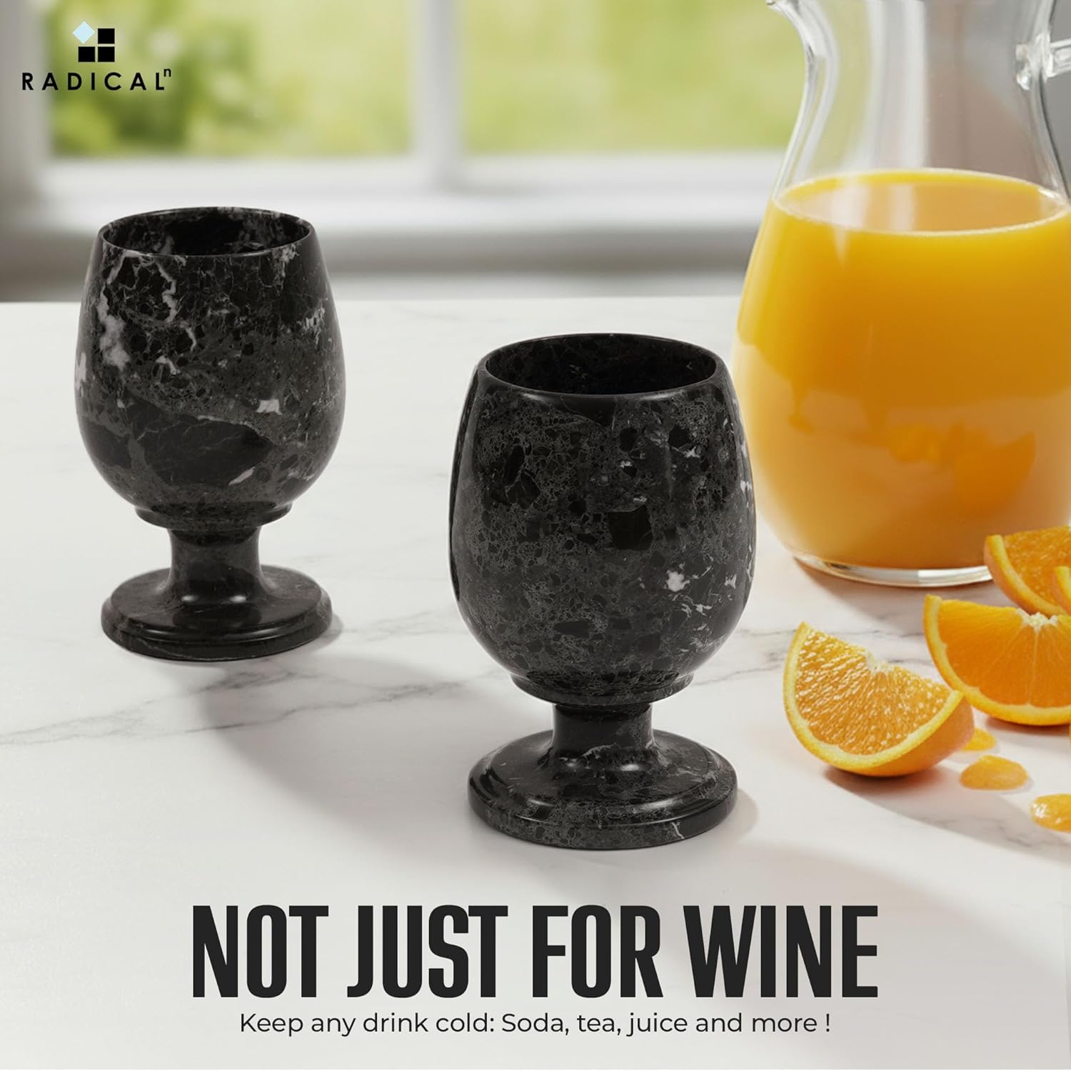 Radicaln Marble Wine Glasses Set of 2 Handmade Black 5 inch Drinking Glasses For Dining Table Decor, Ideal Red and White Wine Glassware For Home Bar
