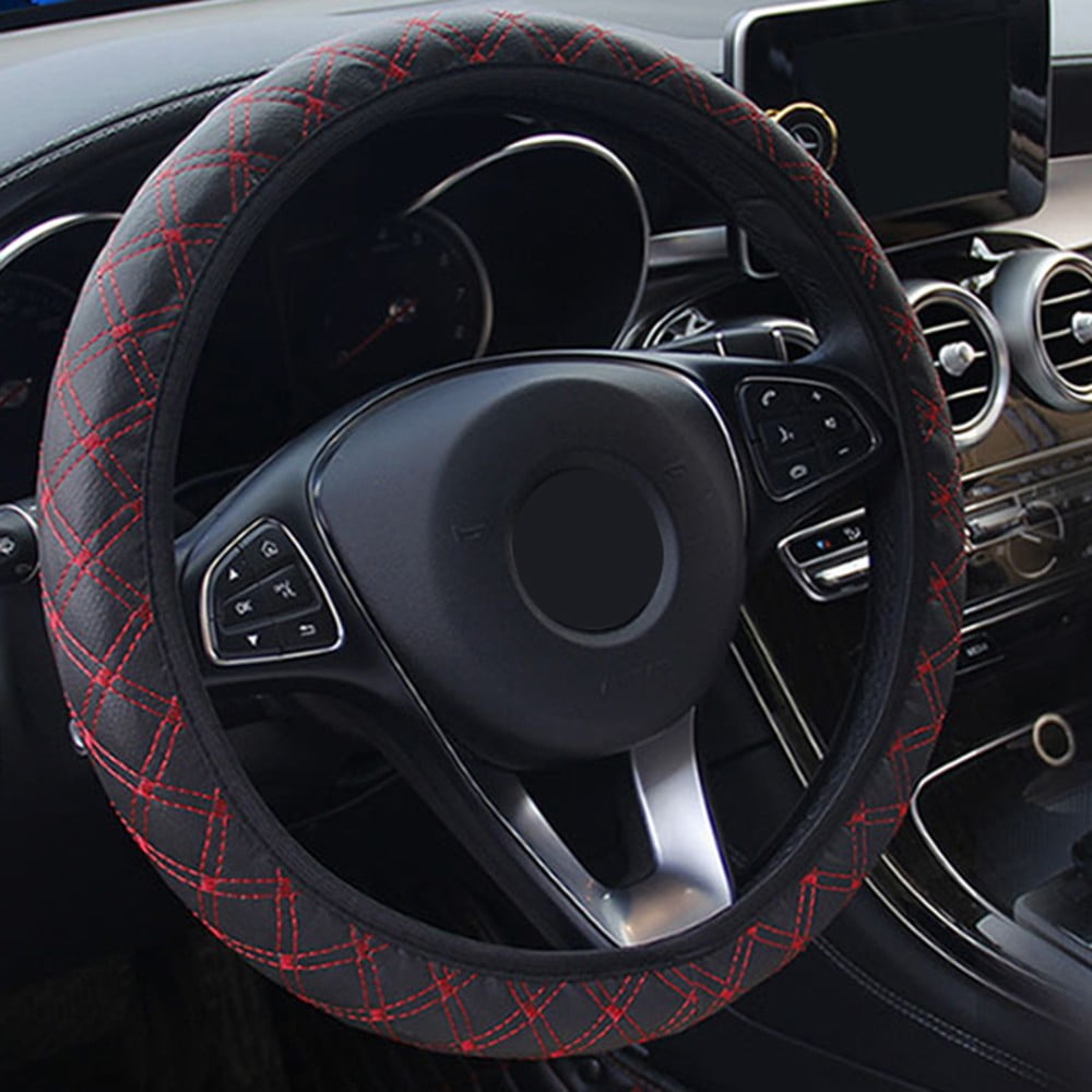 ECLEAR Car Leather Steering Wheel Covers Universal Fit 38cm Red 15 inch Breathable Anti-slip Protector for Auto/Truck/SUV/Van