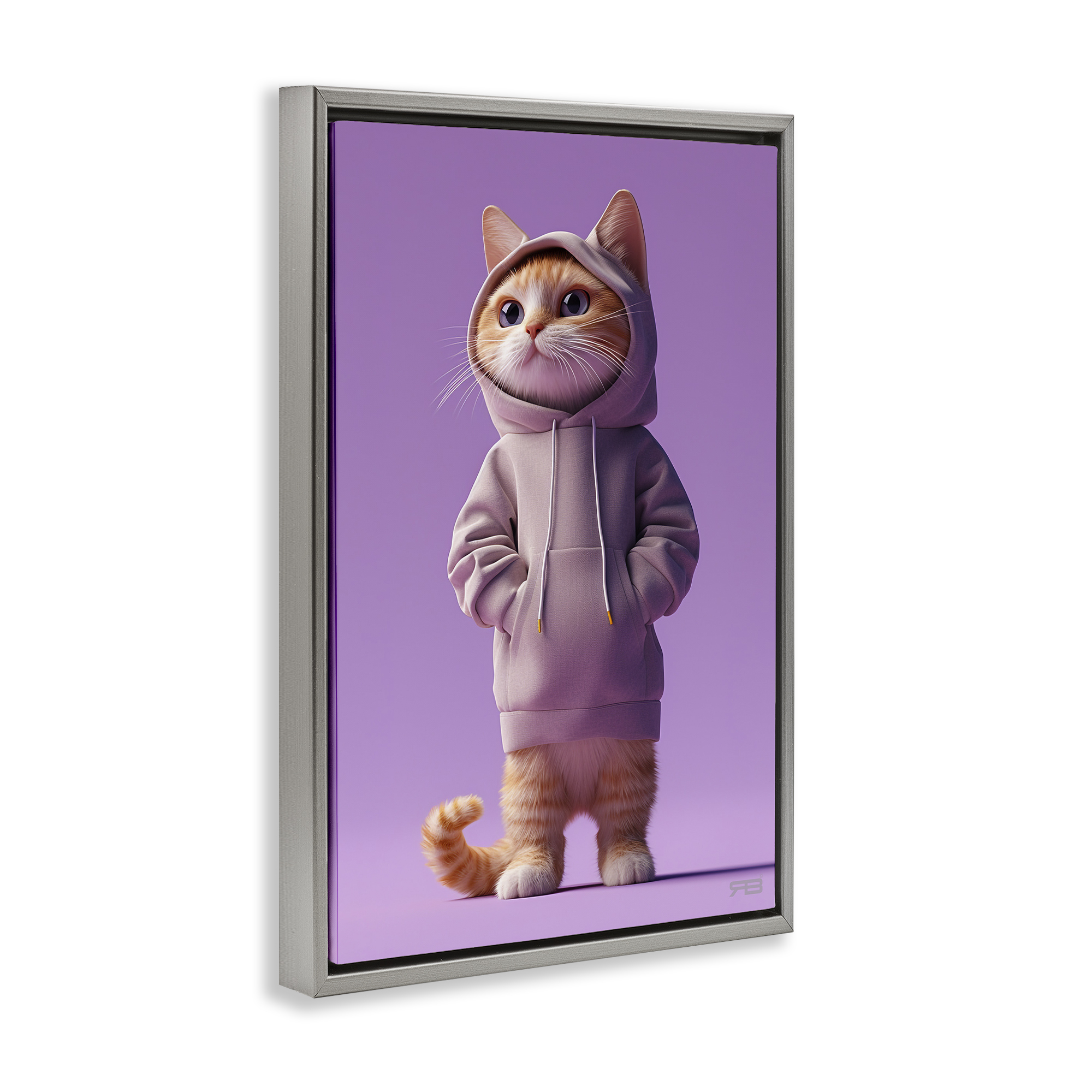 Stupell Industries Trendy Cat in Purple Animals & Insects Painting Gray Floater Framed Canvas Art Print Wall Art, 21 x 31