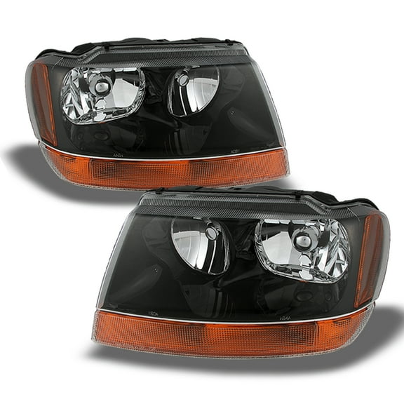 AKKON - For 1999-2004 Jeep Grand Cherokee OE Black Housing Headlights Amber Signal Lights with Reflector - Pair