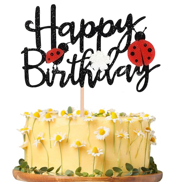 Decoración de tarta LCRSNMBSRA con temática de mariquitas, feliz cumpleaños