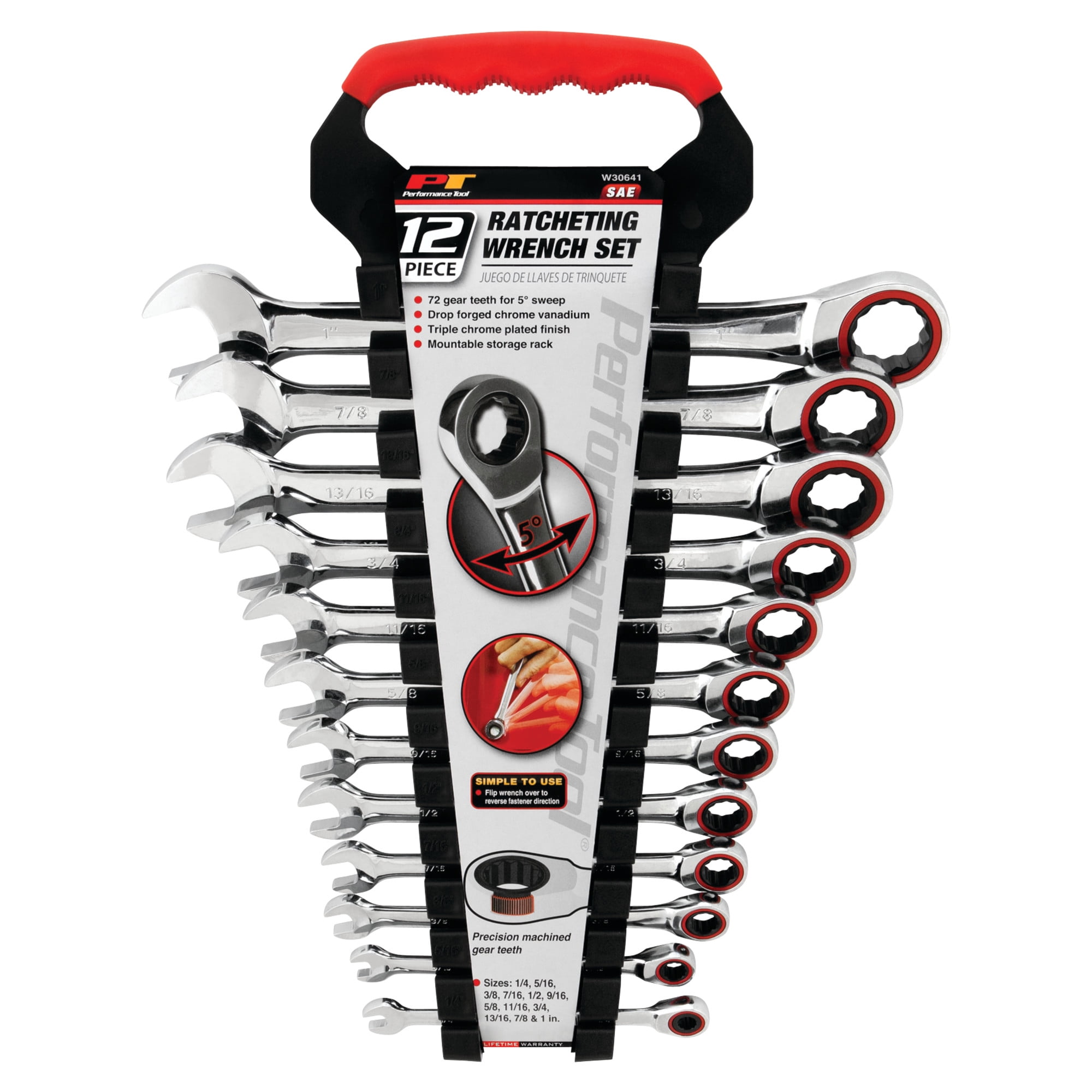 Performance Tool W30641 12pc SAE Combo Ratcheting Wrench Set | Drop Forged Chrome Vanadium Steel | Corrosion Resistant Finish | Sizes: 1/4 to 1 Inch