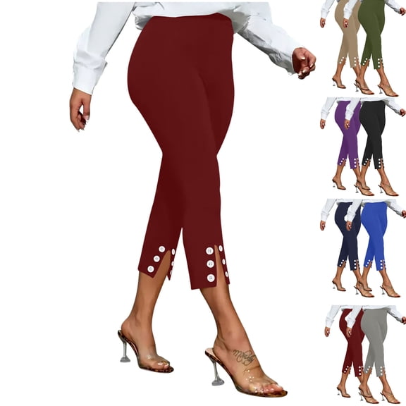 Admvng Pants for Women Yoga Pants Capris Solid Color Button Slit Elastic Waist Sports Leisure Leggings for Women S-2XL